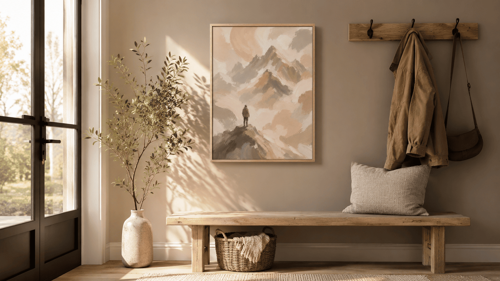 Painterly mountain landscape wall art print in cream and blush tones