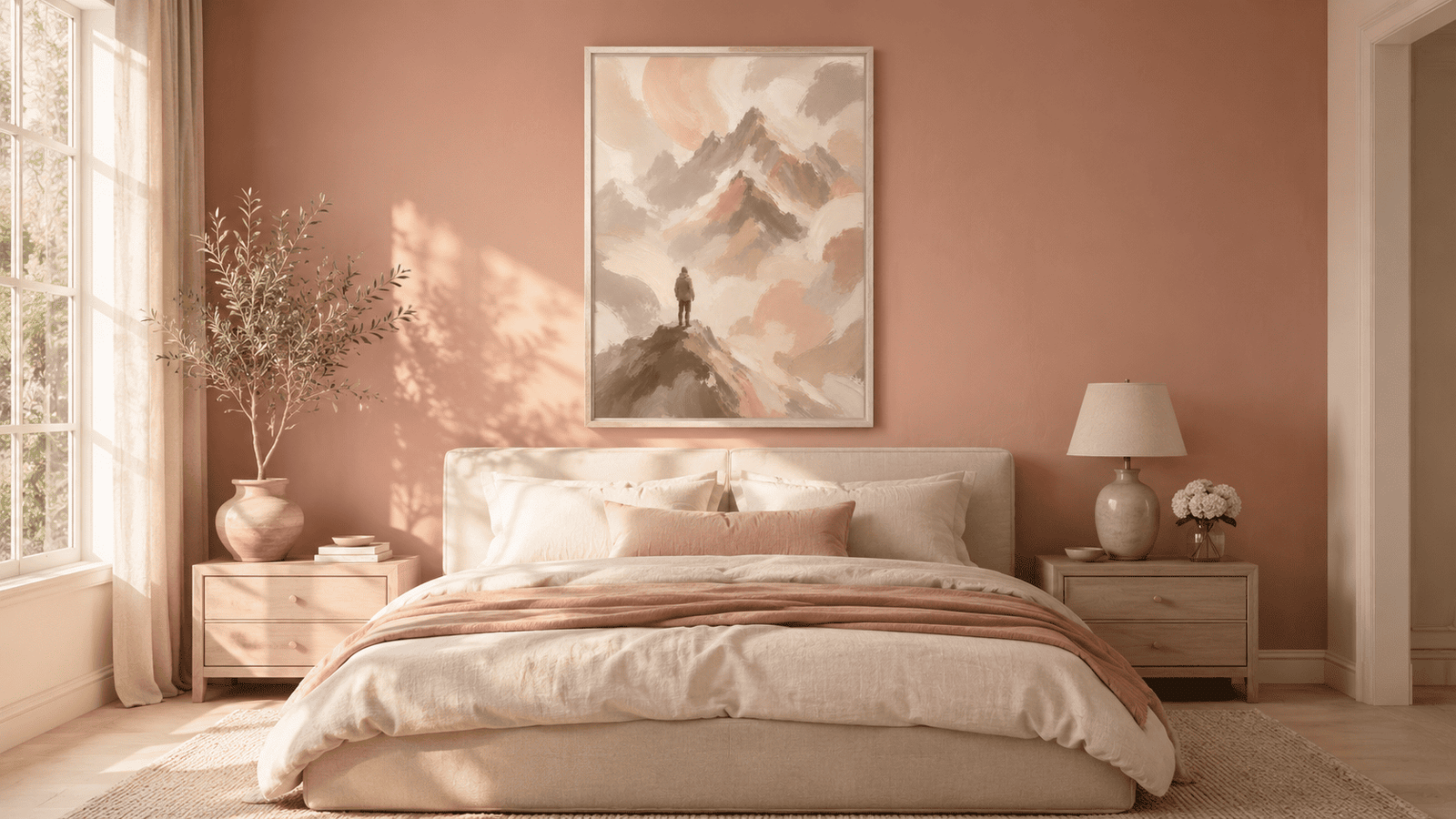 Painterly mountain landscape wall art print in cream and blush tones