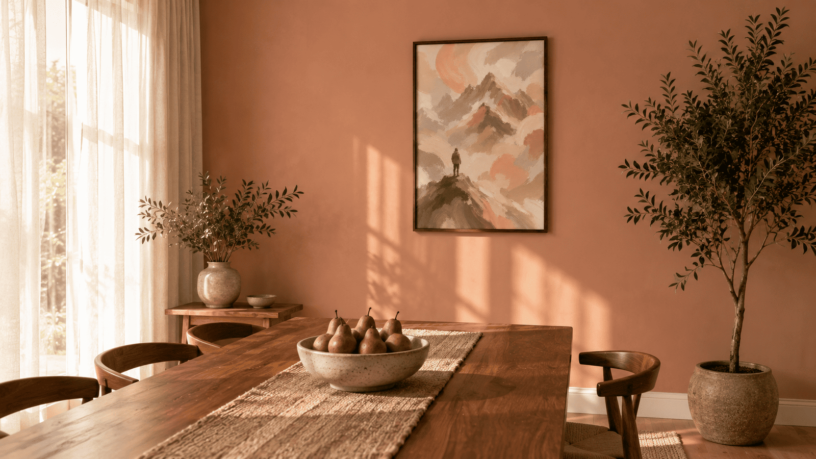 Painterly mountain landscape wall art print in cream and blush tones