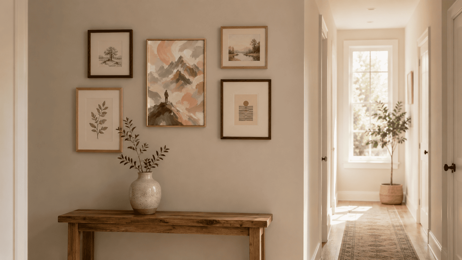 Painterly mountain landscape wall art print in cream and blush tones