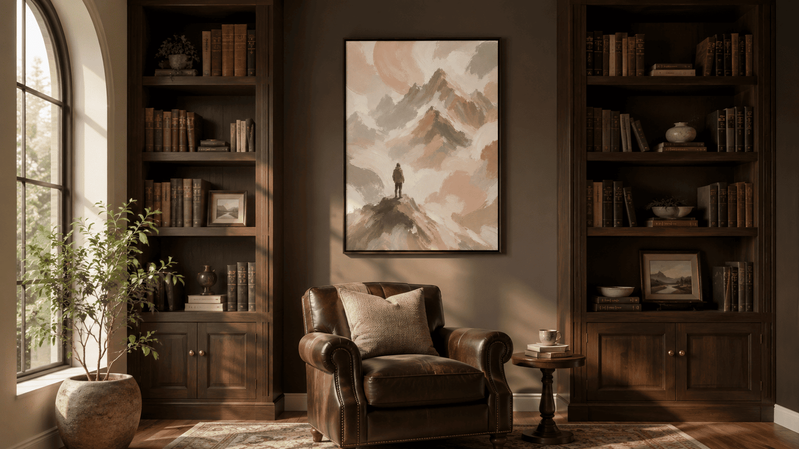 Painterly mountain landscape wall art print in cream and blush tones