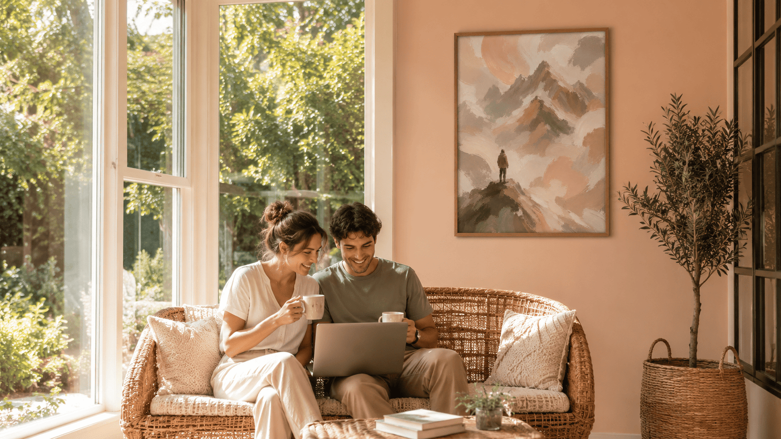 Painterly mountain landscape wall art print in cream and blush tones