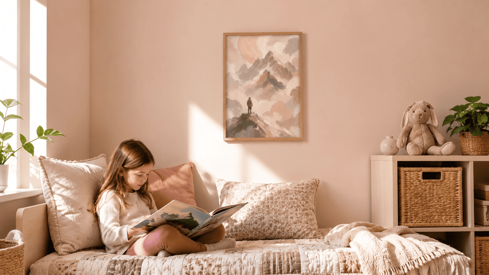 Painterly mountain landscape wall art print in cream and blush tones