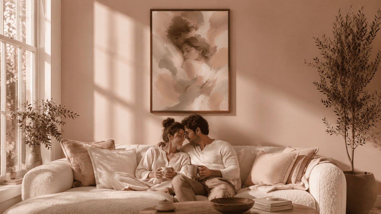 Painterly couple embrace wall art print — digital download