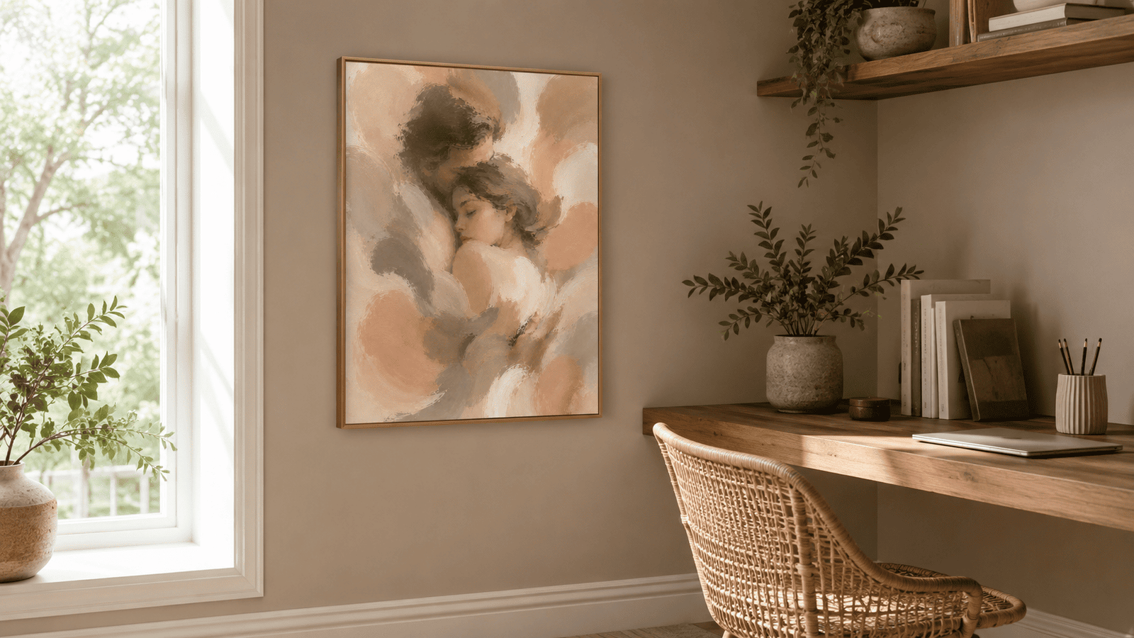 Painterly couple embrace wall art print — digital download