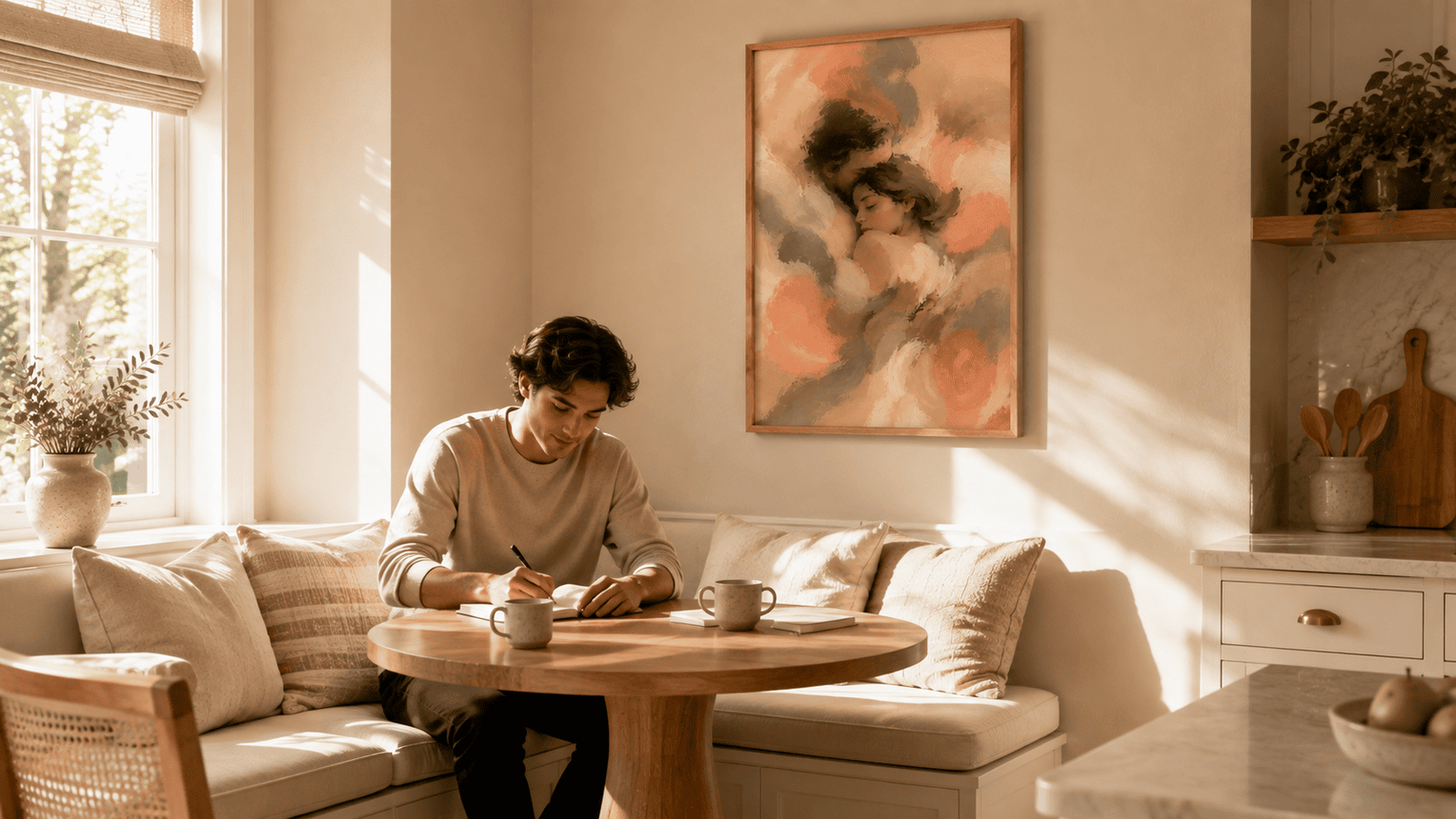 Painterly couple embrace wall art print — digital download