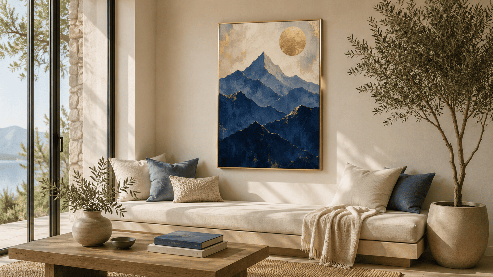 Blue and gold mountain wall art print — digital download.