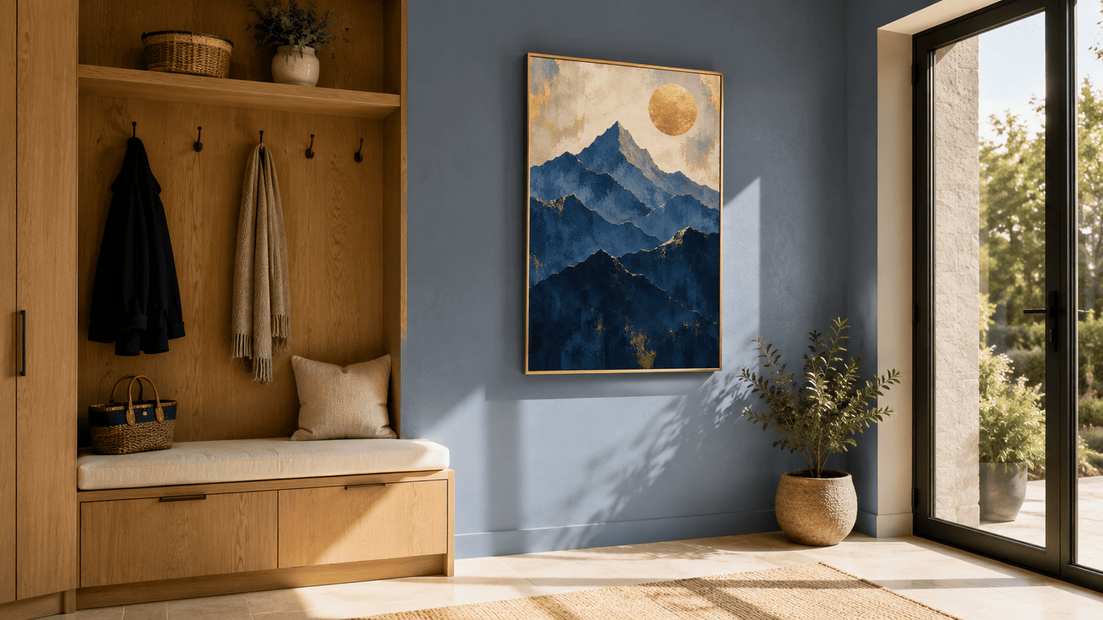 Blue and gold mountain wall art print — digital download.