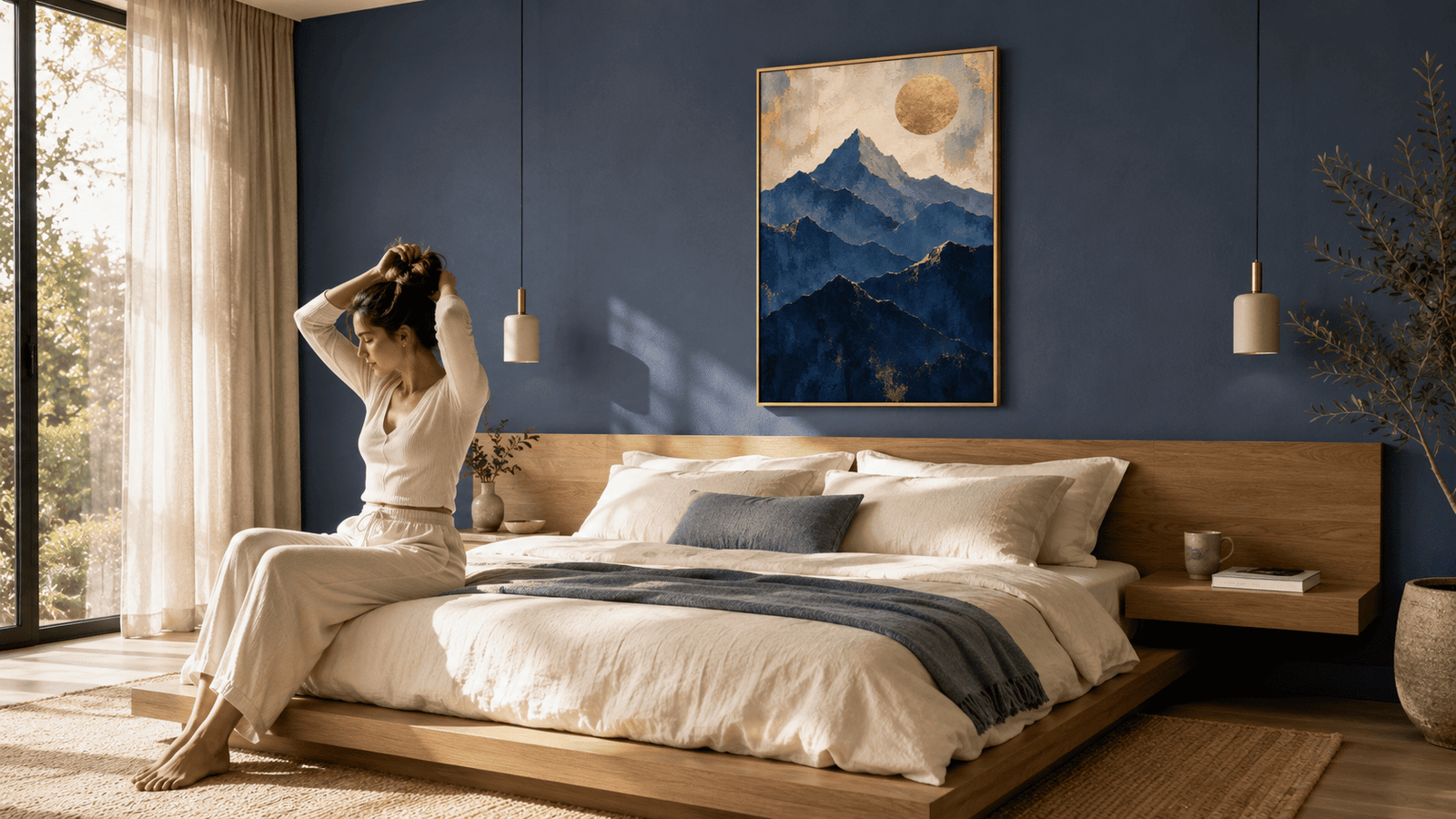 Blue and gold mountain wall art print — digital download.