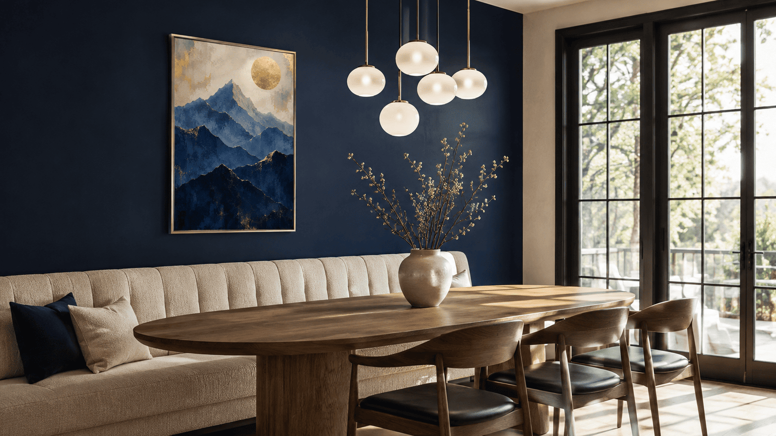 Blue and gold mountain wall art print — digital download.