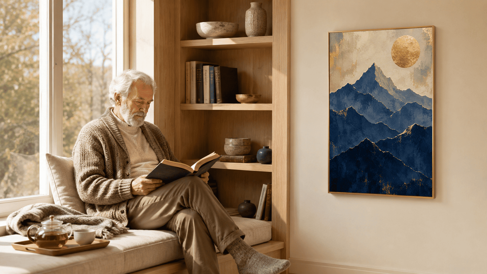 Blue and gold mountain wall art print — digital download.
