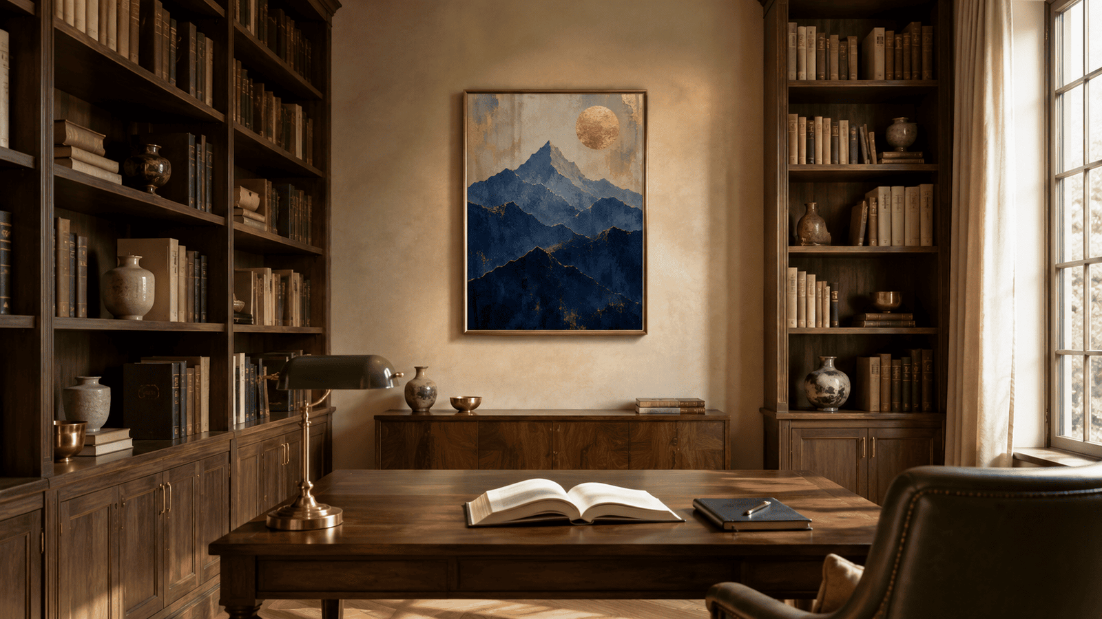 Blue and gold mountain wall art print — digital download.