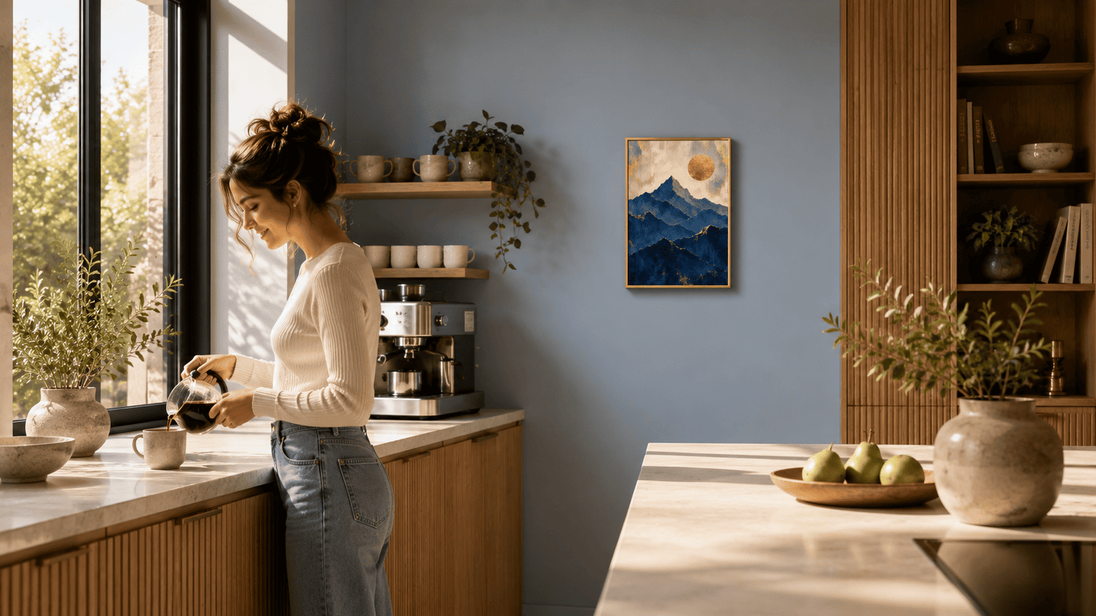 Blue and gold mountain wall art print — digital download.