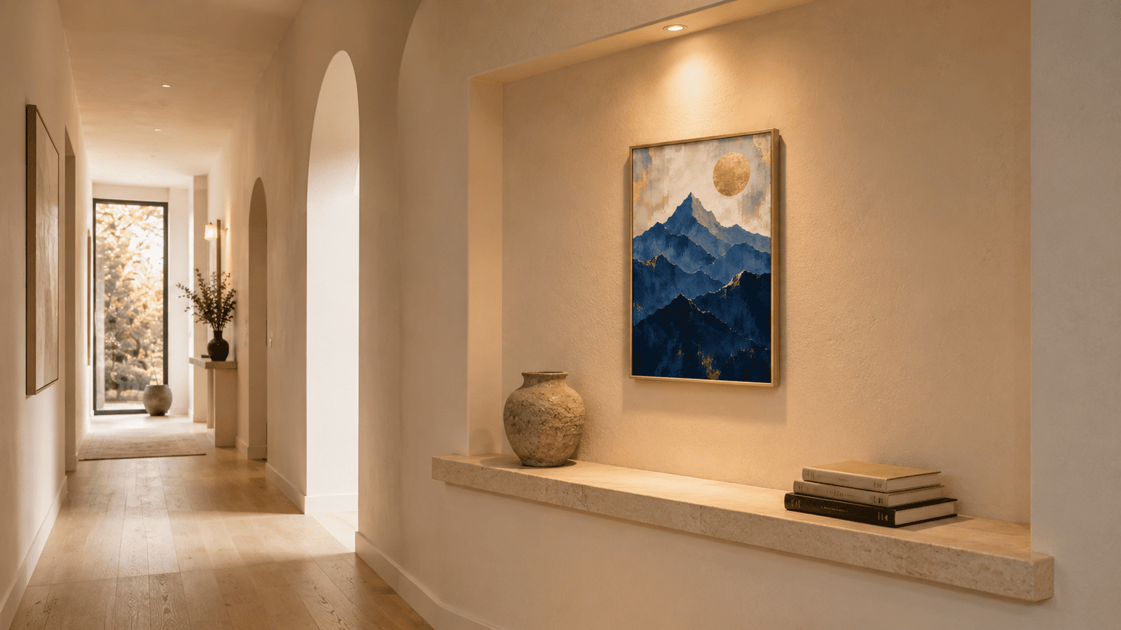 Blue and gold mountain wall art print — digital download.