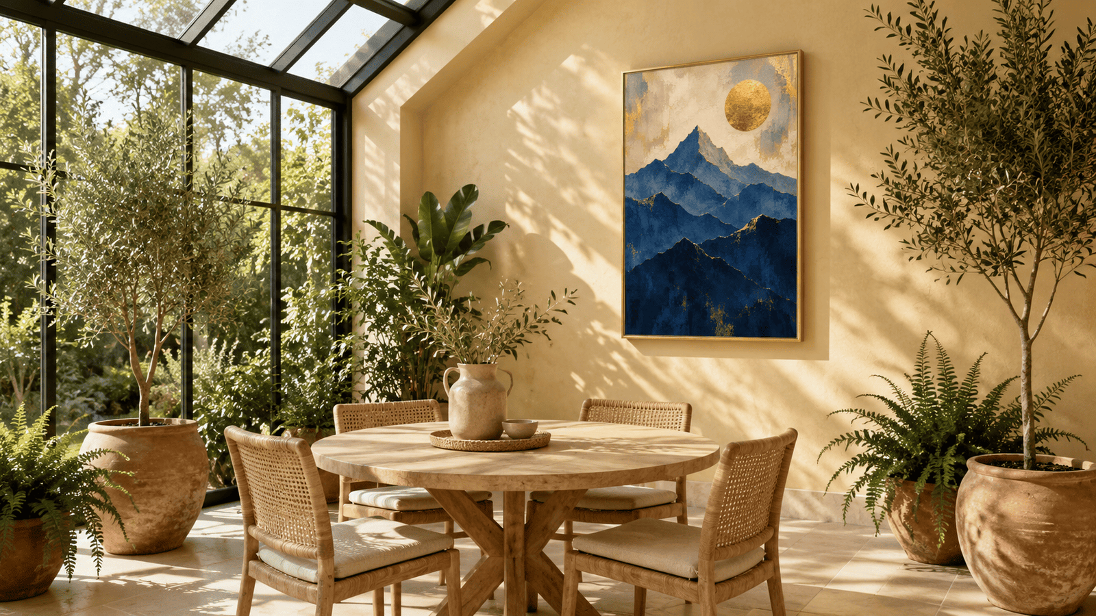 Blue and gold mountain wall art print — digital download.