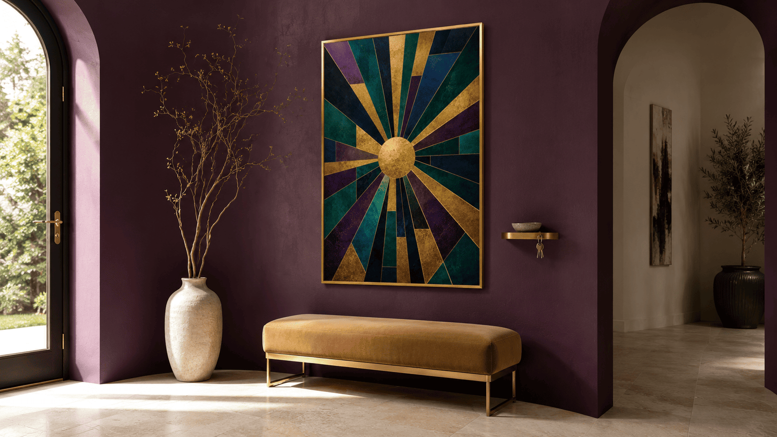 Gold and jewel tone sunburst wall art print — digital download.