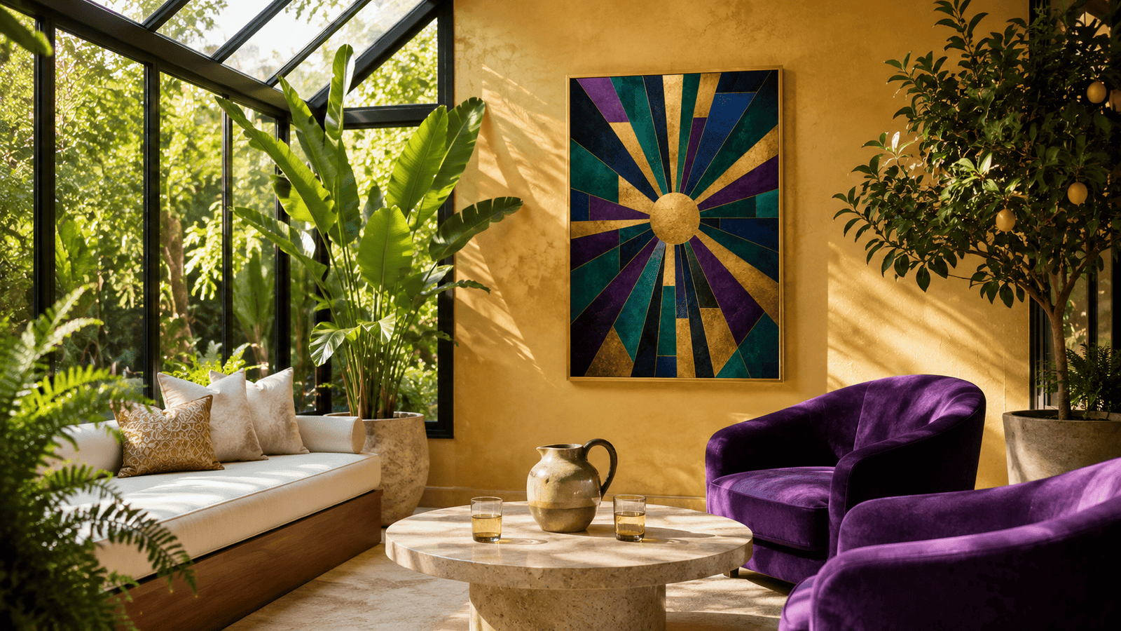 Gold and jewel tone sunburst wall art print — digital download.