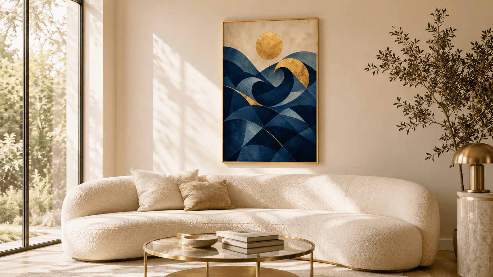 Gold and navy geometric wave wall art print — digital download.