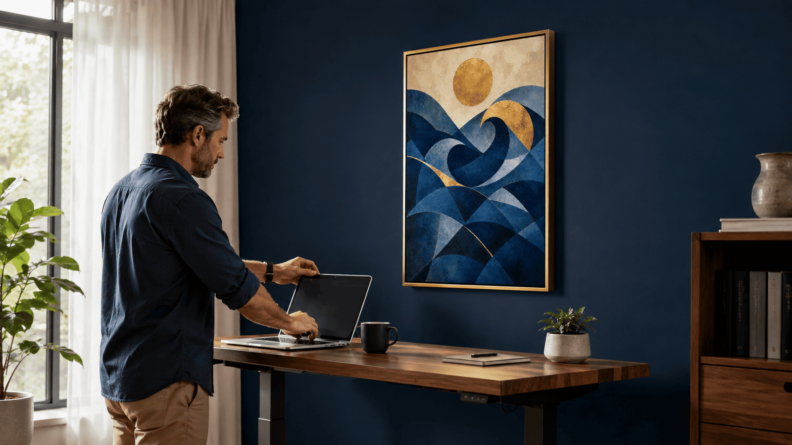 Gold and navy geometric wave wall art print — digital download.