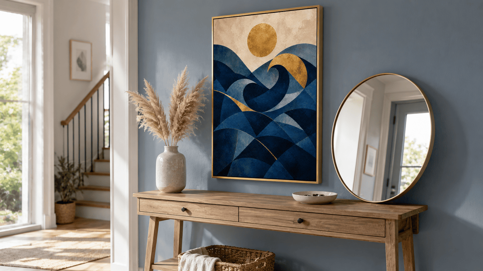 Gold and navy geometric wave wall art print — digital download.