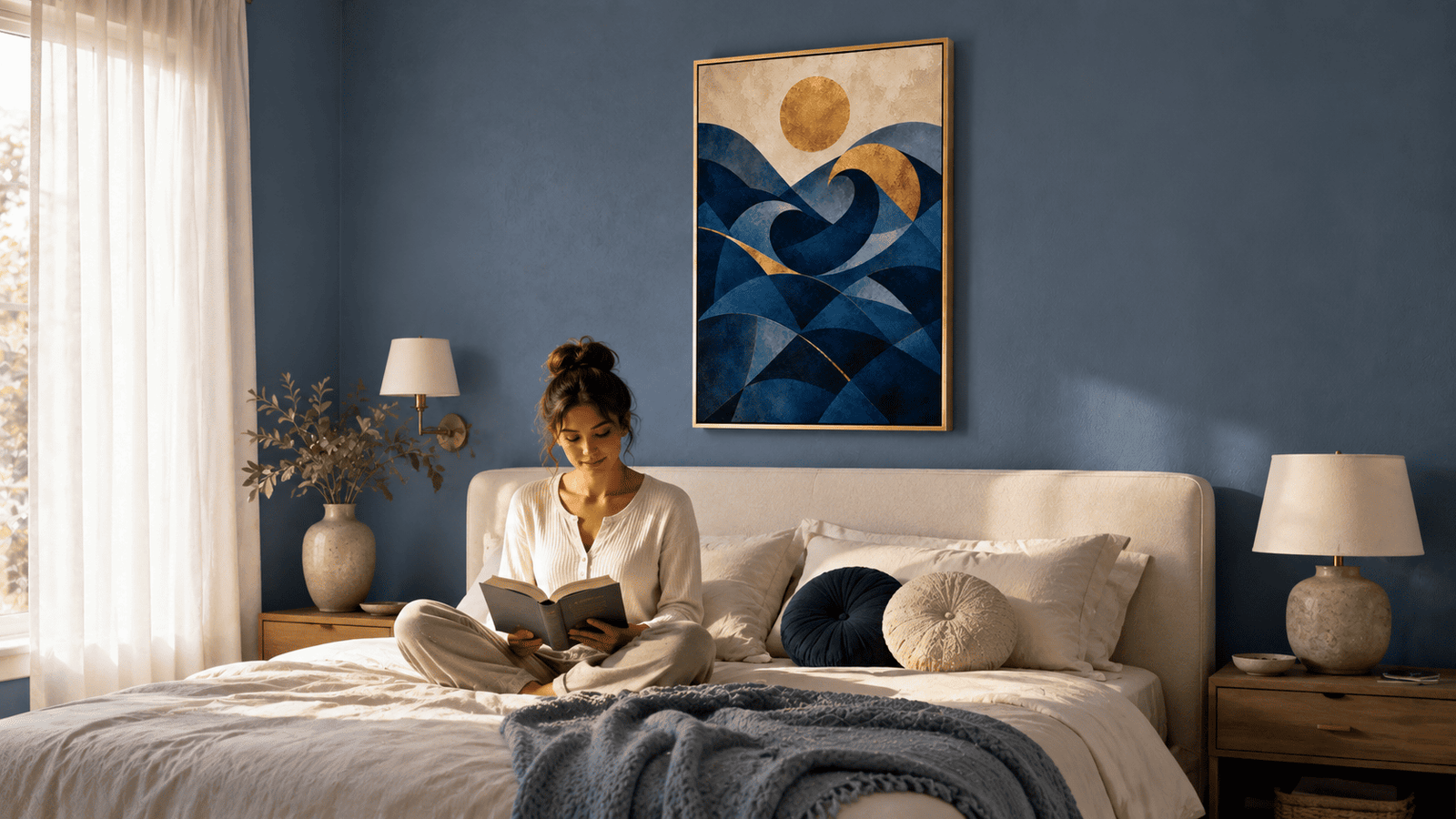 Gold and navy geometric wave wall art print — digital download.