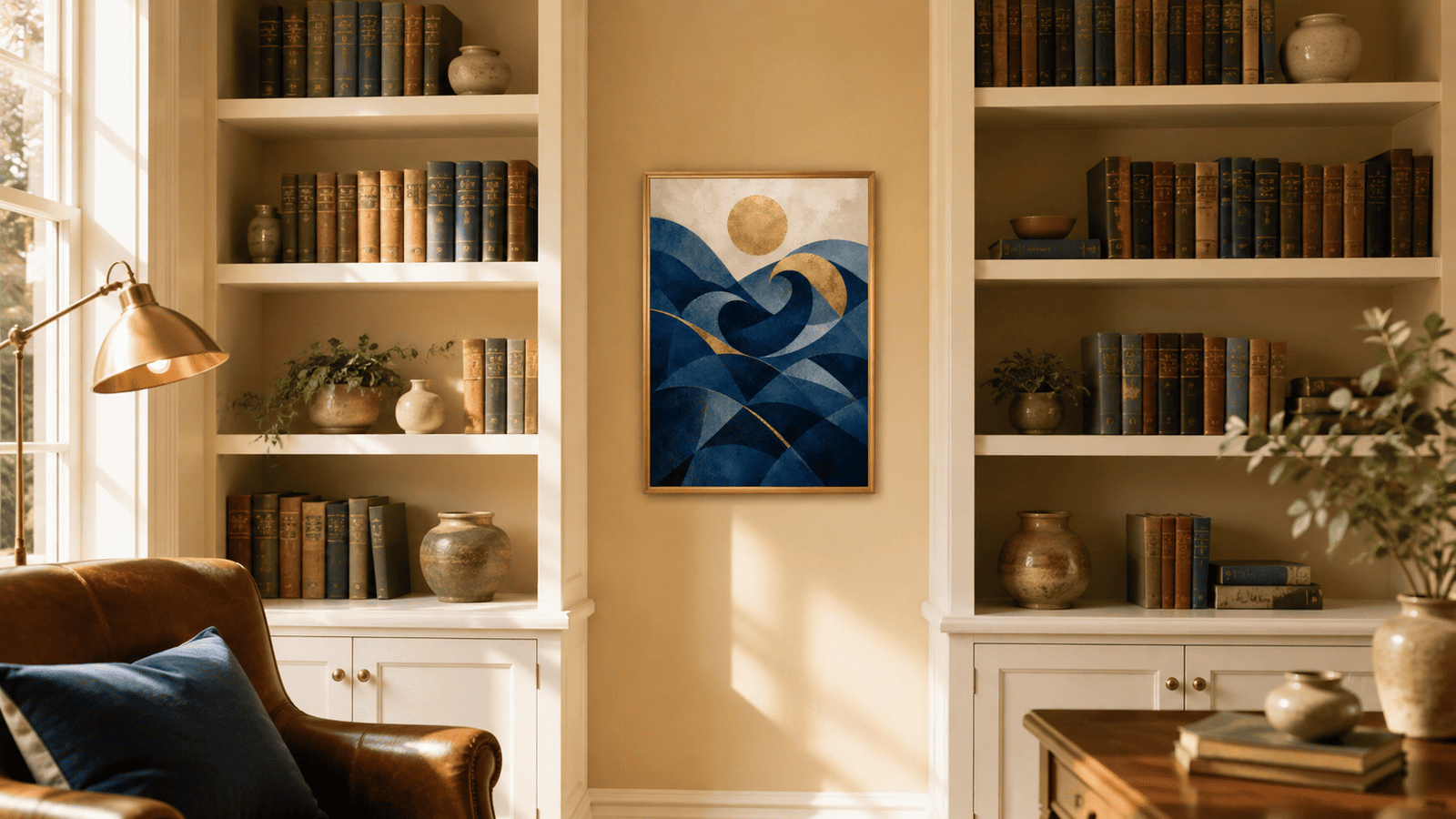 Gold and navy geometric wave wall art print — digital download.