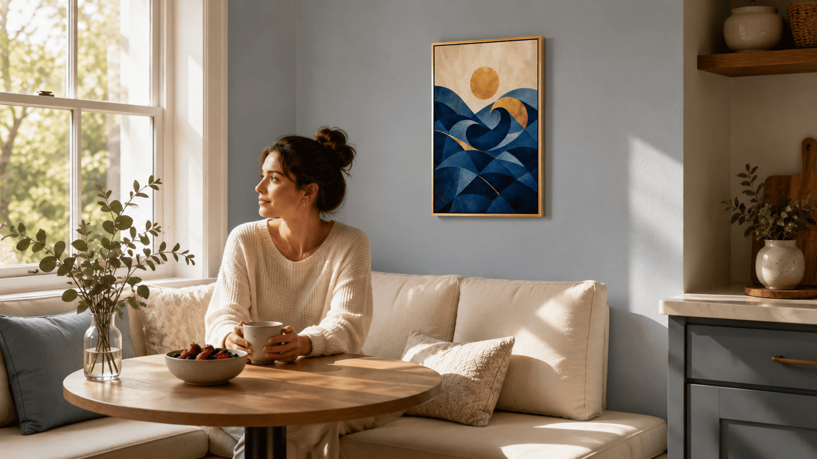 Gold and navy geometric wave wall art print — digital download.