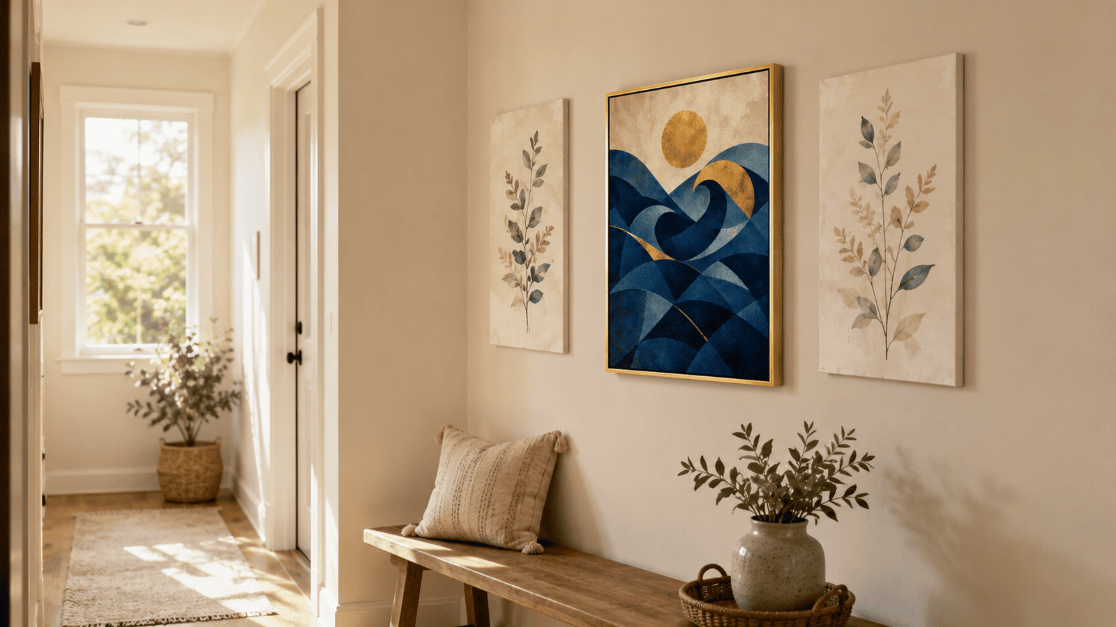 Gold and navy geometric wave wall art print — digital download.