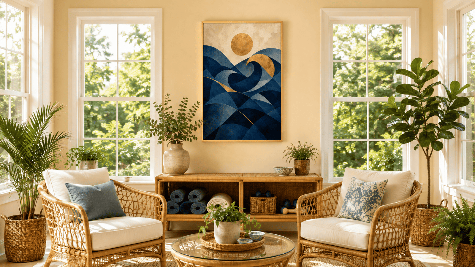 Gold and navy geometric wave wall art print — digital download.