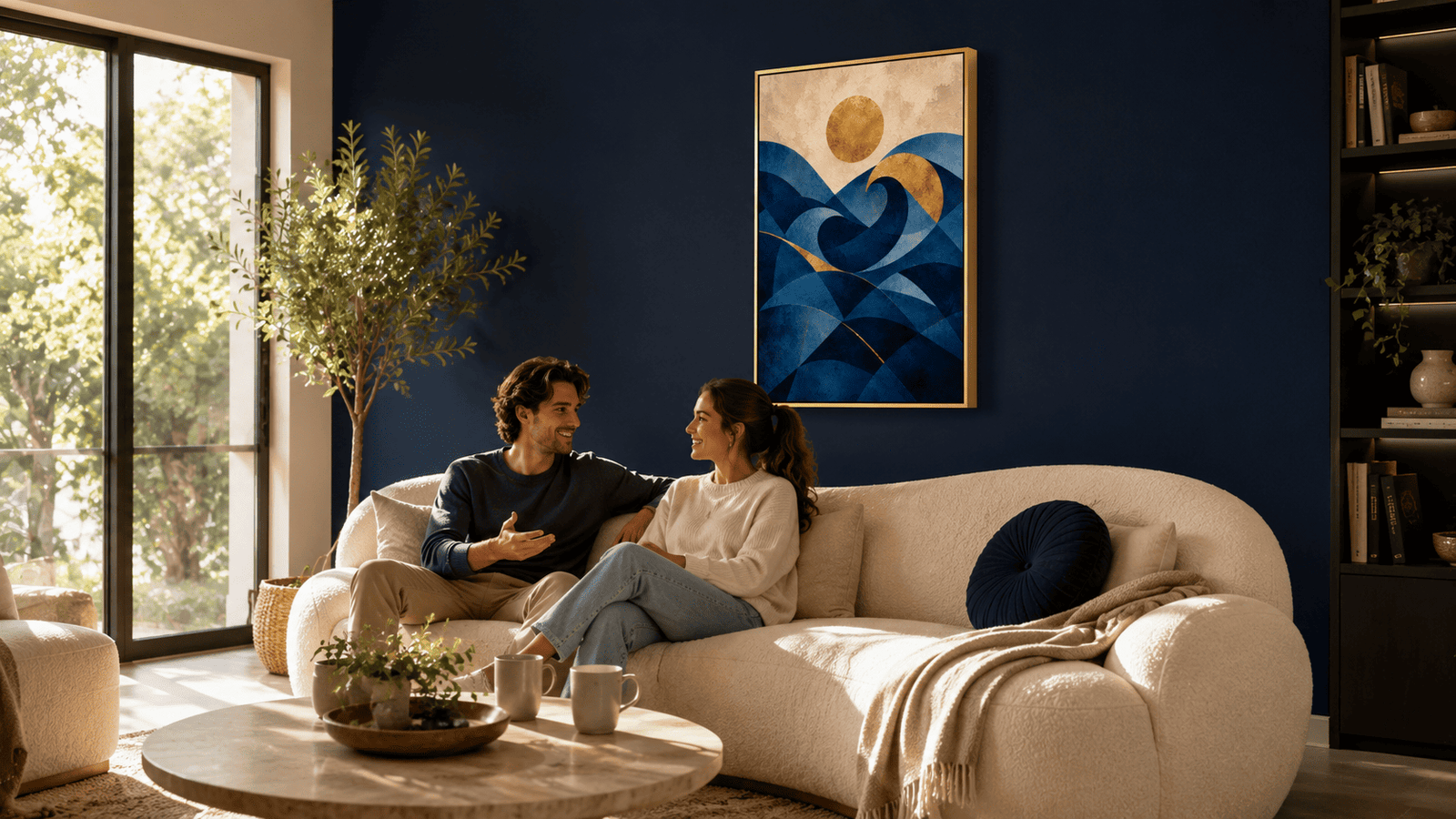 Gold and navy geometric wave wall art print — digital download.