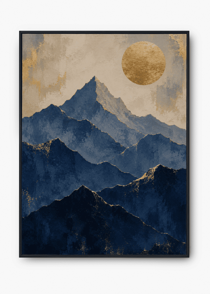 Blue and gold mountain wall art print — digital download.