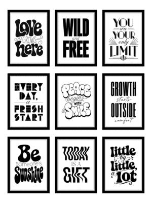 Motivational Quote Wall Art Bundle preview grid of six black and white typography prints — digital download.