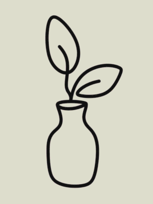 Line Art Vase minimalist black line drawing wall art print of a vase with two leaves, available with beige or white background — digital download.