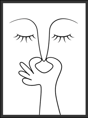Line Art Serenity minimalist black line drawing wall art print of closed eyes and a hand gesture on a white background — digital download.