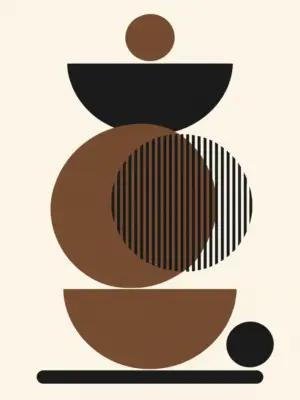 Main: Mid-century modern abstract print featuring stacked terracotta, black, and striped circular shapes balanced against a cream background — digital download wall art. Short fallback: Terracotta and black abstract geometric wall art print.