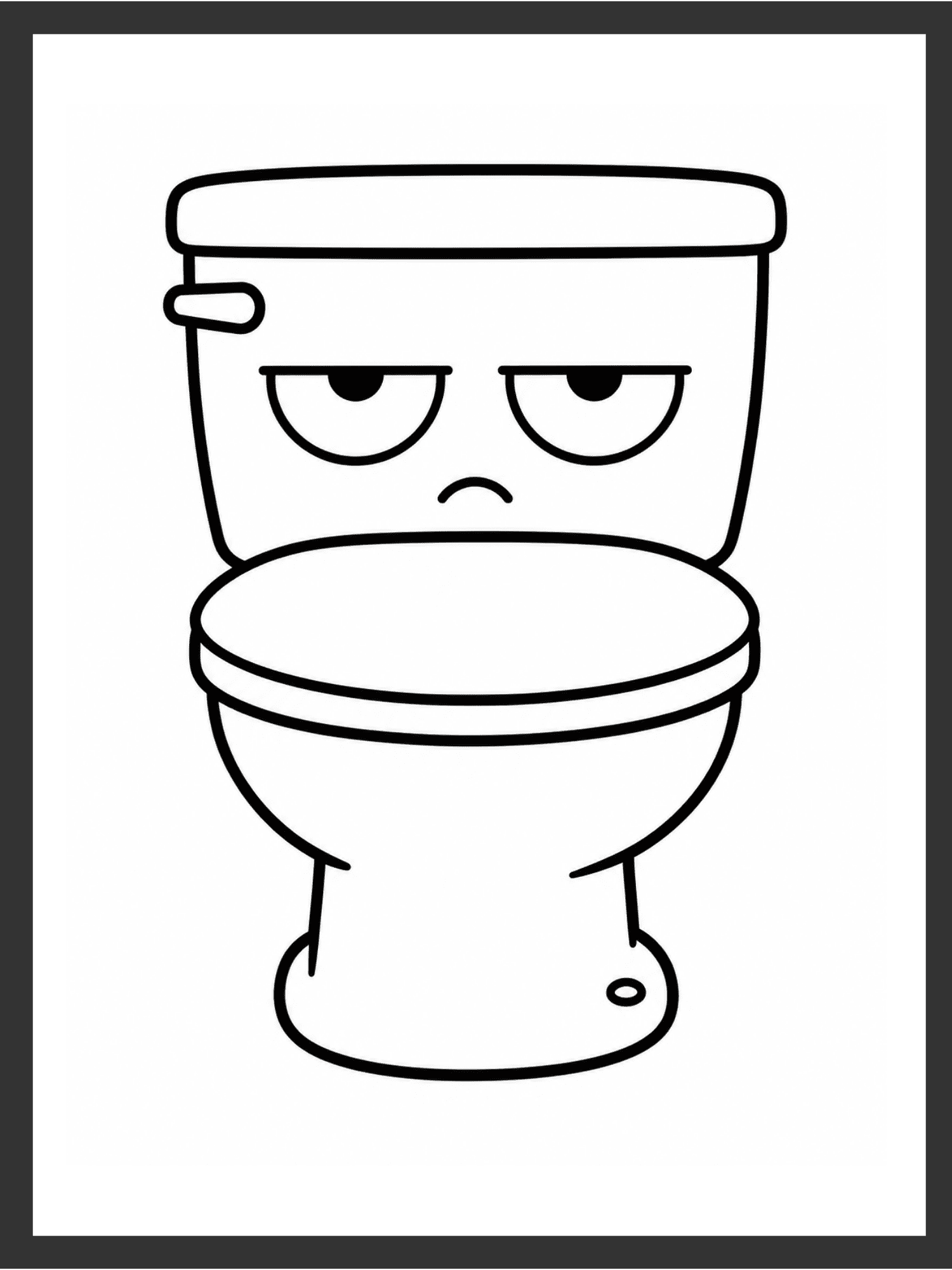 Grumpy cartoon toilet line-art illustration with a droopy, deadpan expression in bold black outlines on a white background — digital wall art download.