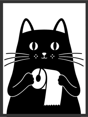Bold black cat silhouette holding a roll of toilet paper, with white eyes, whiskers, and nose details on a white background — funny wall art digital download.