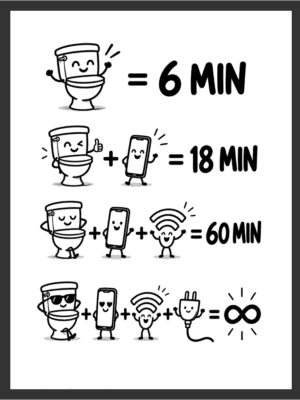 Cartoon equation illustration showing a toilet character equals 6 minutes, toilet plus phone equals 18 minutes, toilet plus phone plus wifi equals 60 minutes, and toilet plus phone plus wifi plus charger equals infinity, in bold black line art on a white background — digital wall art download.