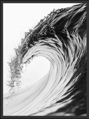 Main: Black and white photograph of a breaking ocean wave curling into a barrel, spray scattering off the crest — fine art coastal wall art digital download. Short fallback: Black and white ocean wave wall art print.