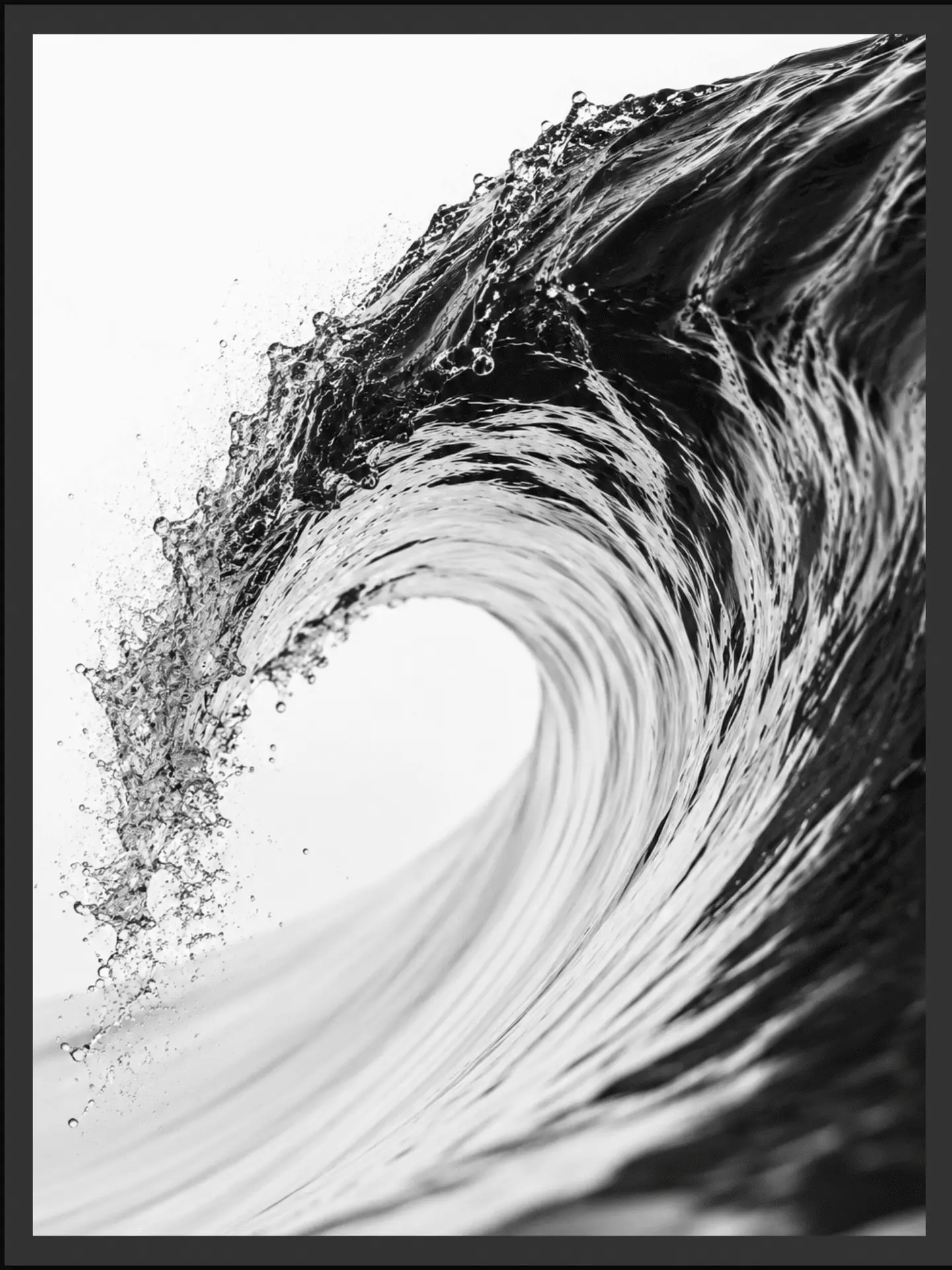 Main: Black and white photograph of a breaking ocean wave curling into a barrel, spray scattering off the crest — fine art coastal wall art digital download. Short fallback: Black and white ocean wave wall art print.