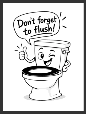 Cartoon plunger character wearing a crown, winking, and throwing both fists up in victory beside the hand-lettered text "TOILET CLOGGING CHAMPION," in bold black line art on a white background — digital wall art download.