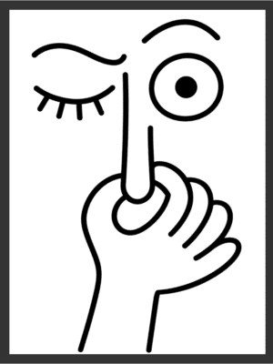 Funny Wink minimalist black line drawing wall art print of a winking face and a hand picking the nose, on a white background — digital download.