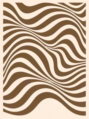 Main: Retro abstract print featuring rippling chocolate-brown wavy lines swirling across a cream background — digital download wall art. Short fallback: Brown and cream retro wavy lines wall art print.