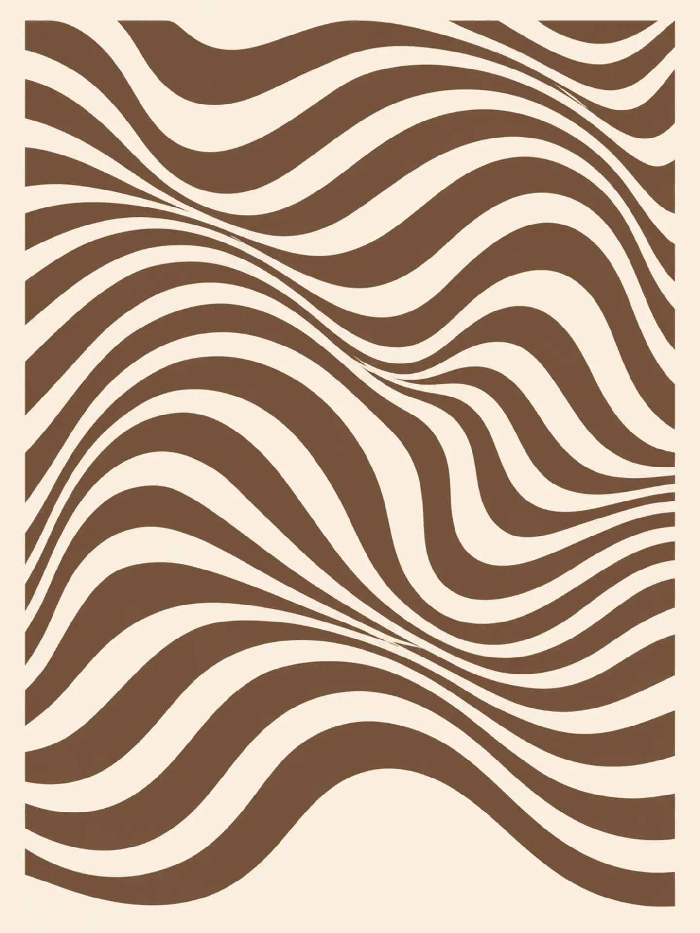 Main: Retro abstract print featuring rippling chocolate-brown wavy lines swirling across a cream background — digital download wall art. Short fallback: Brown and cream retro wavy lines wall art print.
