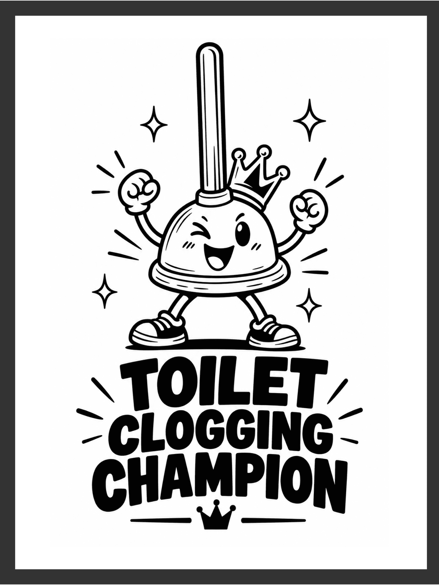 Cartoon plunger character wearing a crown, winking, and throwing both fists up in victory beside the hand-lettered text "TOILET CLOGGING CHAMPION," in bold black line art on a white background — digital wall art download.