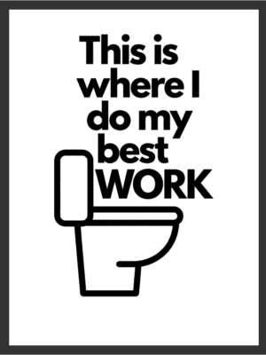 Cartoon smartphone character sitting on a toilet holding a tiny human figure like a phone, next to a toilet paper roll and small potted plant, in bold black line art on a white background — digital wall art download.