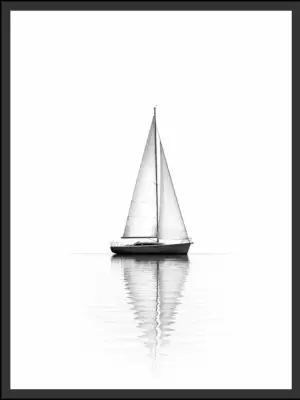 Main: Minimalist black and white photograph of a sailboat drifting on still water with its reflection, against a soft misty background — fine art wall art digital download. Short fallback: Black and white minimalist sailboat wall art print.