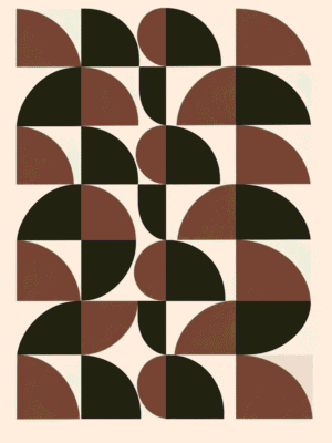 Main: Modern geometric abstract print featuring interlocking terracotta, black, and cream arches arranged in a grid pattern — digital download wall art. Short fallback: Terracotta and black interlocking arches wall art print.