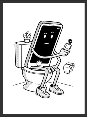 Cartoon smartphone character sitting on a toilet holding a tiny human figure like a phone, next to a toilet paper roll and small potted plant, in bold black line art on a white background — digital wall art download.
