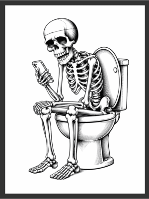 Detailed etching-style illustration of a skeleton sitting on a toilet scrolling a phone, rendered in solid black cross-hatched line work on a white background — digital wall art download.